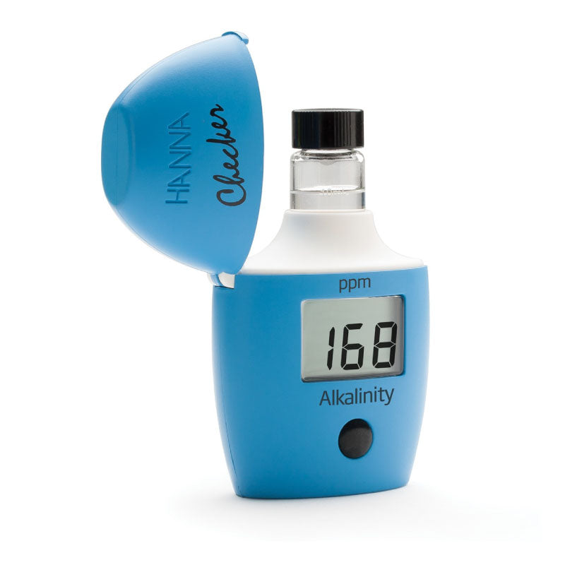 A handheld colorimeter for measuring alkalinity, with a blue body and a digital display showing 168 ppm.