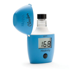 A handheld colorimeter for measuring alkalinity, with a blue body and a digital display showing 168 ppm.