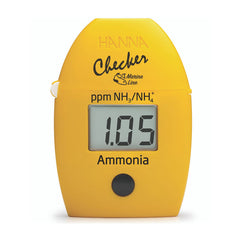 Yellow Hanna Checker HI784 marine line ammonia tester with digital display on a white background