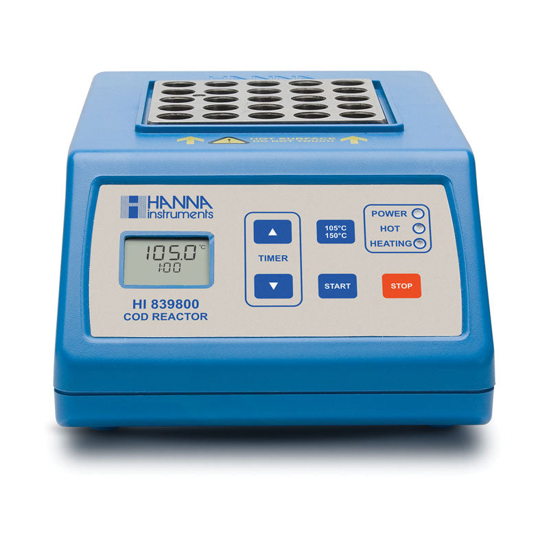 Blue COD reactor with digital display and control panel on a white background