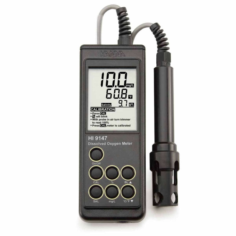A Hanna Portable Dissolved Oxygen Meter with a digital LCD screen, buttons for operation, and a galvanic probe attached with a cable.
