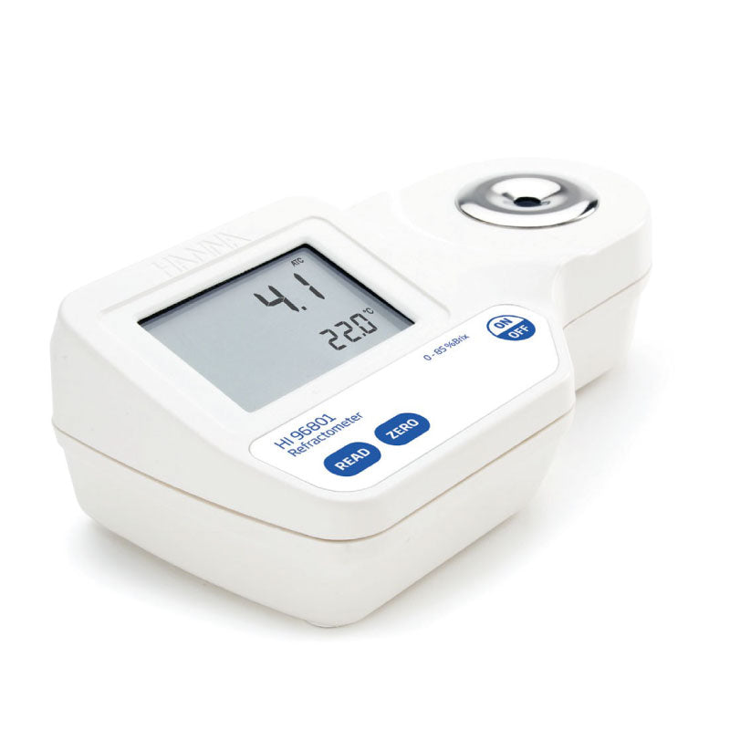 A Hanna Digital Refractometer Hanna HI96801 for Sugar with a digital screen, buttons for operation, and a sample dropper.
