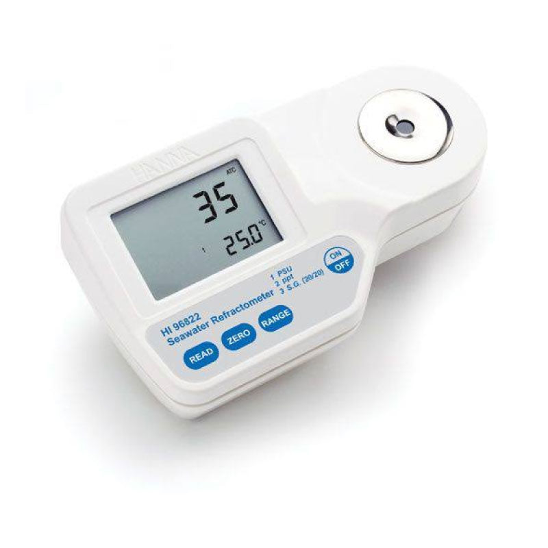 A digital refractometer HI96822 with a flint glass prism, display screen showing temperature, and buttons for operation. The device is white with a label seawater refractometer.