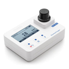 A Hanna brand dissolved oxygen portable photometer with a digital screen, buttons for operation, and a lens on the top for measuring oxygen levels.