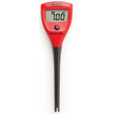 A digital pH tester with a red body and a black probe, labeled 'Hanna Checker Plus' with a digital display showing a pH reading.