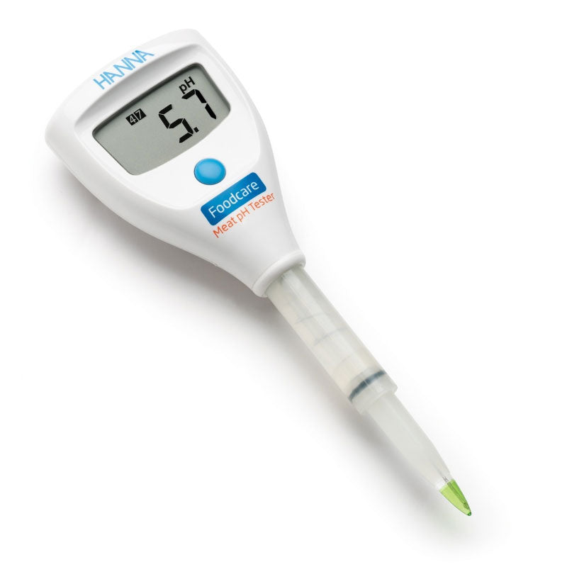 HI981036 Hanna pH tester for meat with a digital display, conical glass tip, and blue and white color scheme.