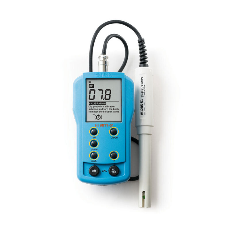 Hanna HI9811-51 Blue pH meter with a white probe on a white background