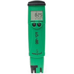 A green handheld Hanna ORP/Temperature Tester with a digital LCD display showing ORP and temperature readings, and additional features such as a replaceable electrode and temperature probe.