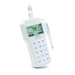 A Hanna HI98161 Professional Portable pH Meter with a digital display, buttons for navigation, and an attached electrode for measuring pH levels in food products.