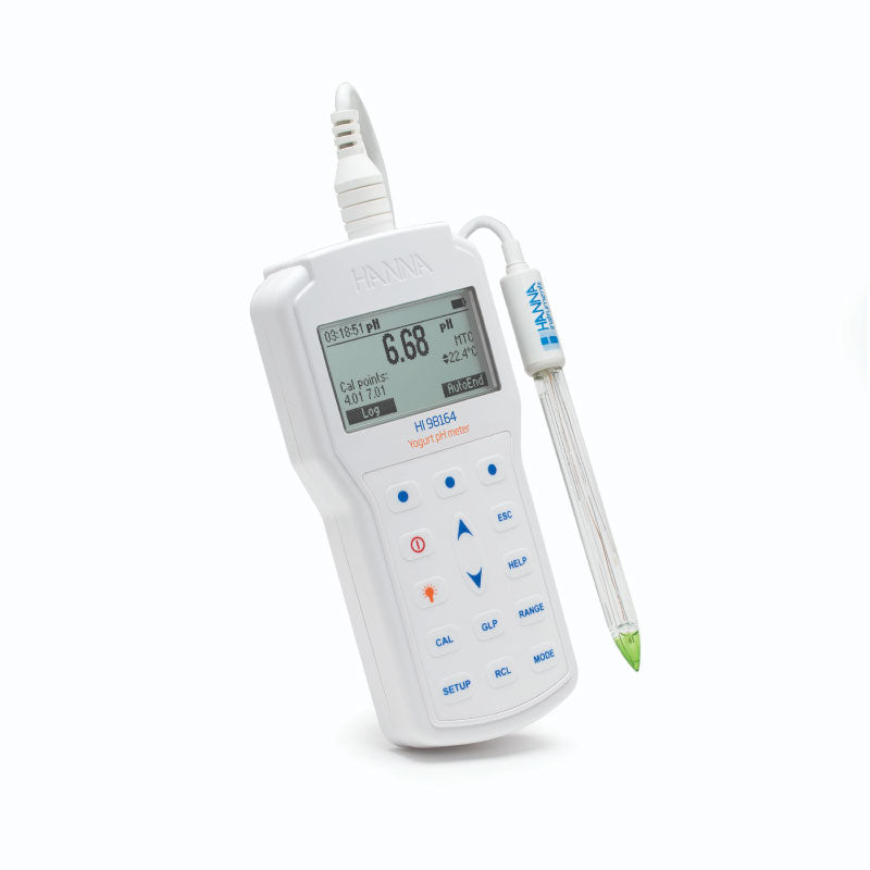 A professional portable pH meter Hanna HI98164 with a digital display and a probe, primarily white in color, labeled.