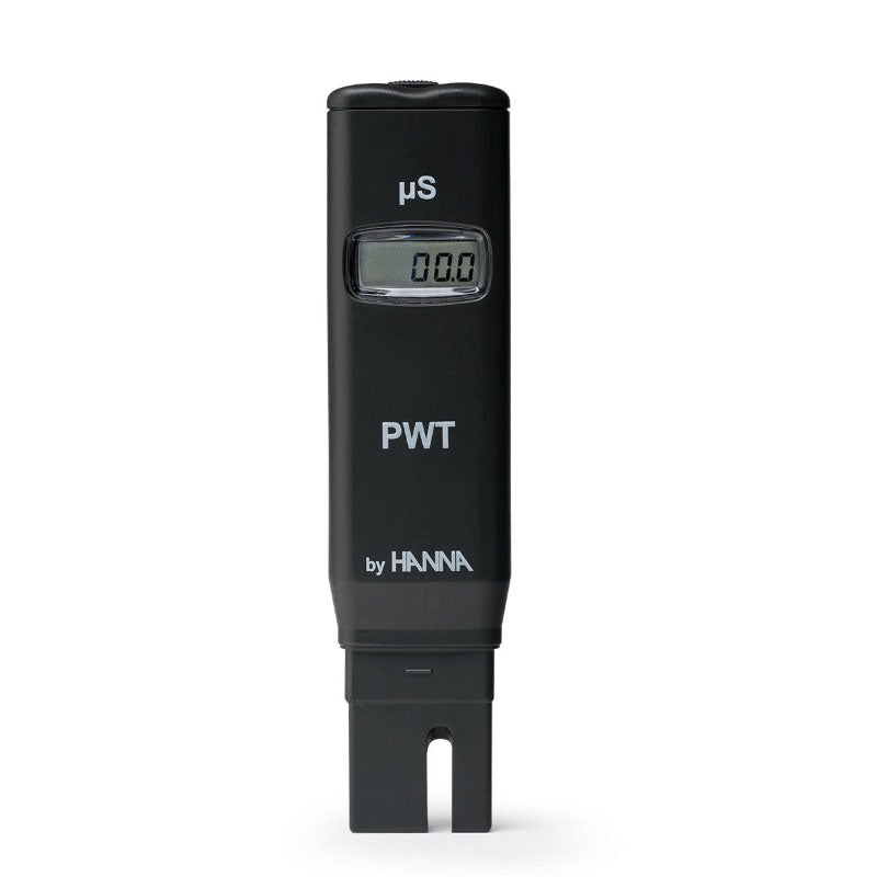 A Hanna conductivity tester with a digital display, marked with the label 'PWT' on its front.