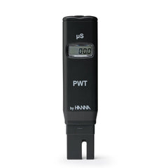A Hanna conductivity tester with a digital display, marked with the label 'PWT' on its front.