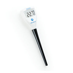 A compact digital Hanna thermometer with a stainless steel probe and white body, displaying a temperature reading.