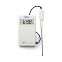 A digital thermometer with a silicone cable and a stainless steel probe, displaying a temperature reading on its LCD screen.