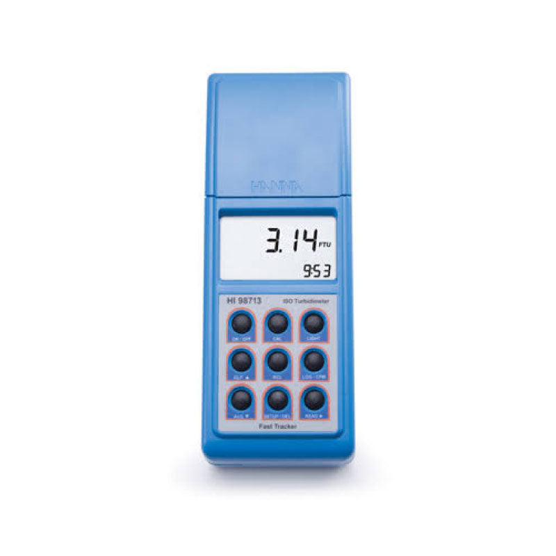 A blue Hanna Portable Turbidity Meter with a digital screen displaying a reading of 3.14, and buttons labeled 'TEST' and 'ISO'.