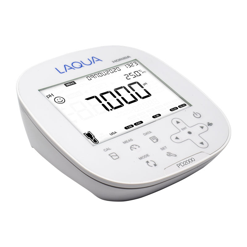 HORIBA LAQUA PD2000 | Benchtop pH, ORP, Ion, DO & BOD Meter in white with a blue brand logo, shown on a solid white background.