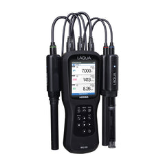 HORIBA LAQUA WQ-330 | Triple-Channel Smart Handheld Water Quality Meter with a black handheld unit, three connected probes, shown against a plain white background.