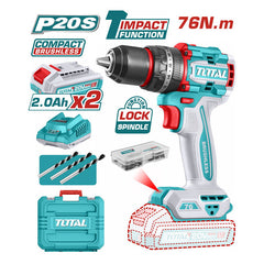 Total TIDLI20768 | Compact Brushless Cordless Impact Drill - 20V 76Nm with Batteries & Charger