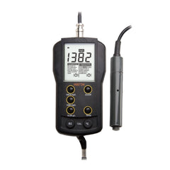 A Hanna multi-range portable TDS meter HI8734 with a digital display, functional buttons, and a probe attached via a cable.