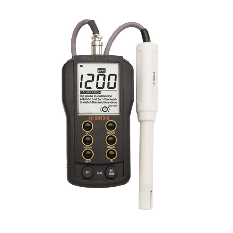 A Hanna HI9813-61 Portable pH/EC/TDS/Temperature Meter with a digital LCD screen, multiple buttons for operation, and a probe attached.