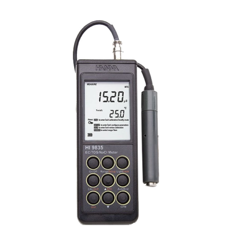 A Hanna Instruments portable EC/TDS/Salinity/Temperature Meter, model HI9835, with a digital screen and various measurement buttons.