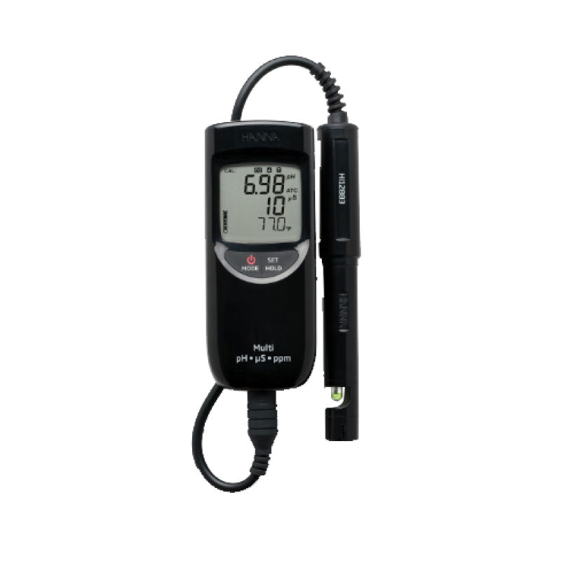 A portable waterproof pH/EC/TDS meter with a digital LCD screen, probe, and cable, black in color.