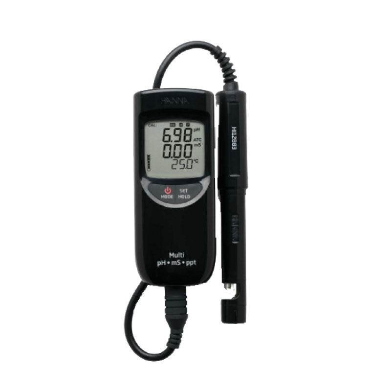 A Hanna Portable pH/EC/TDS Meter with a digital LCD screen, probes, and a polypropylene body.