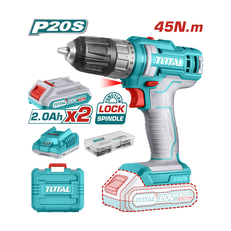 TOTAL TDLI200528 20V Cordless Drill Driver Kit (2x 2.0Ah Batteries)