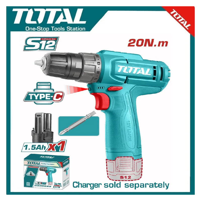 Total TDLI12456 | Cordless Drill - 20Nm with Battery, Charger Sold Separately