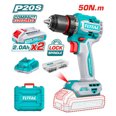 Total TDLI205062 | Compact Brushless Cordless Drill - 20V 50Nm with Batteries & Charger