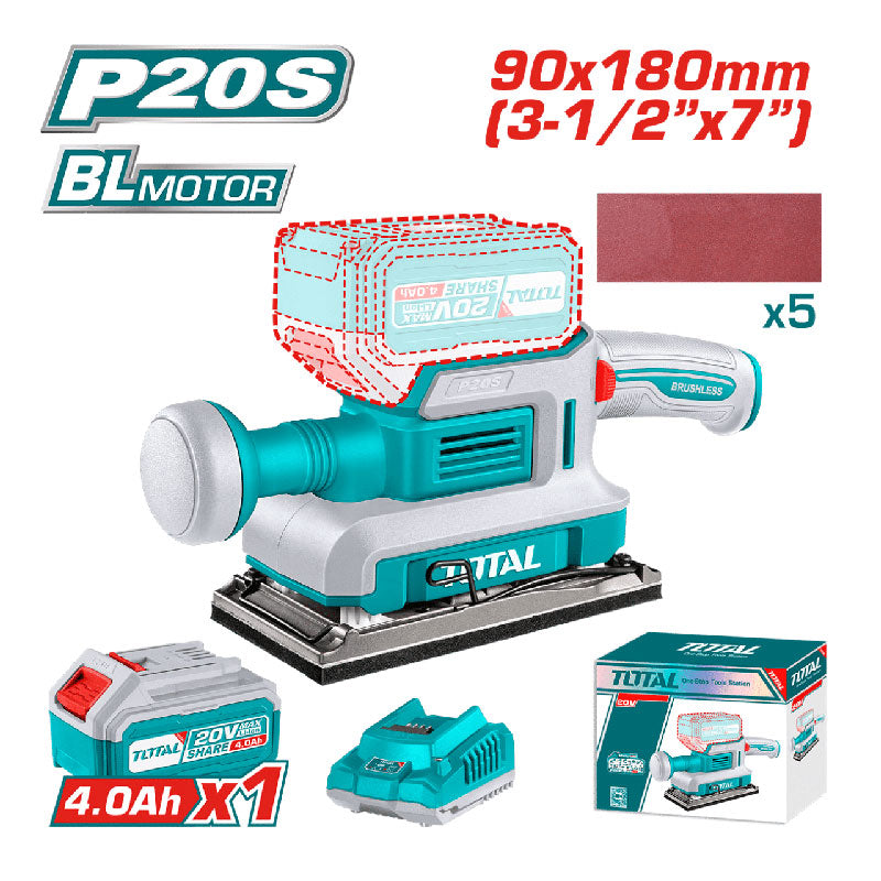 Total TFSLI20311 | Brushless Cordless Finishing Sander - 20V with Battery & Charger