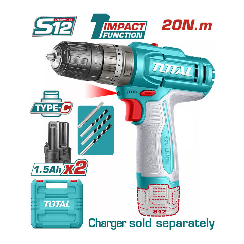 Total TIDLI12206 | Cordless Impact Drill - 12V - 20Nm with Batteries, Charger Sold Separately