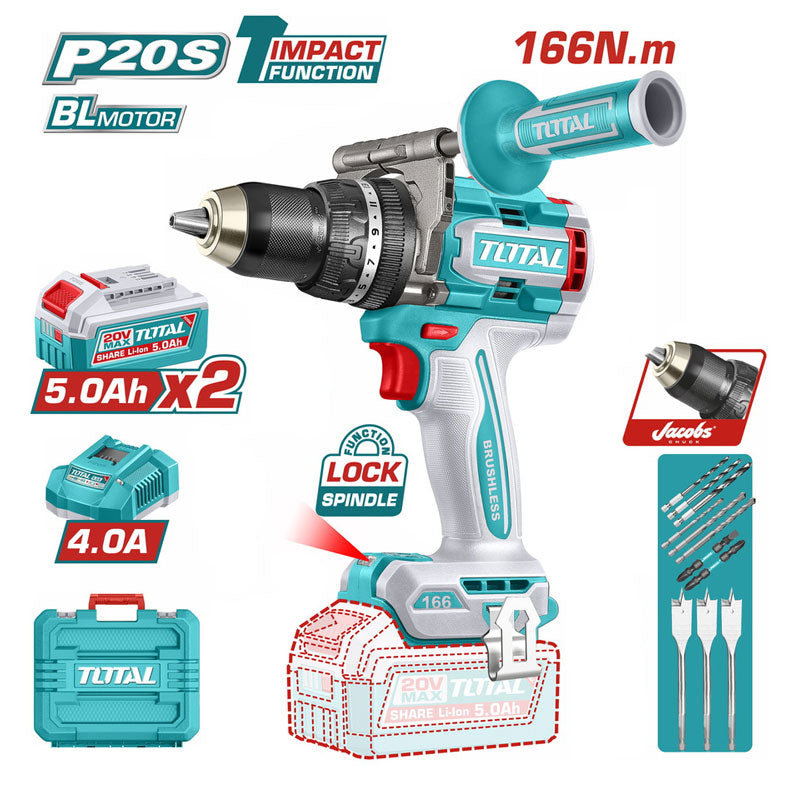 Total TIDLI201668 | Brushless Cordless Impact Drill - 20V 166Nm with Batteries & Charger