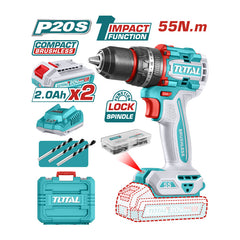 Total TIDLI20558 | Compact Brushless Cordless Impact Drill - 20V 55Nm with Batteries & Charger