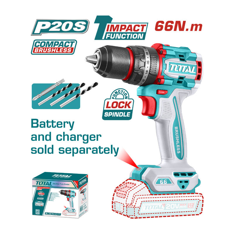 Total TIDLI206681 | Compact Brushless Cordless Impact Drill - 20V 66Nm Bare Tool