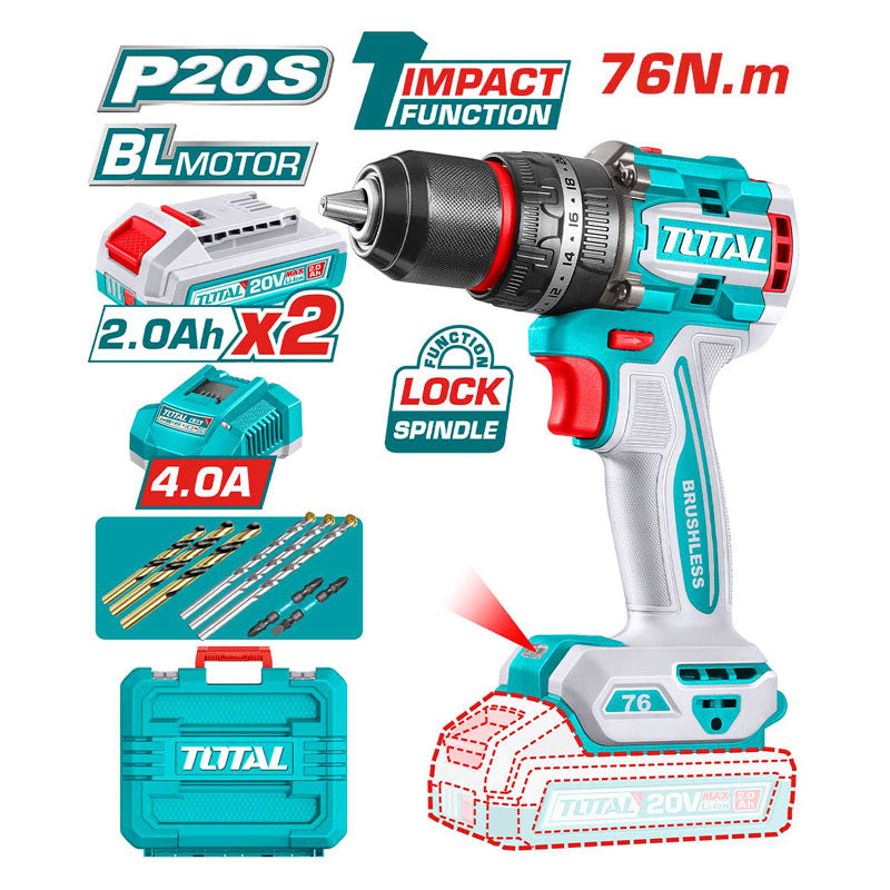 Total TIDLI207686 | Compact Brushless Cordless Impact Drill - 20V 76Nm with Batteries & Charger