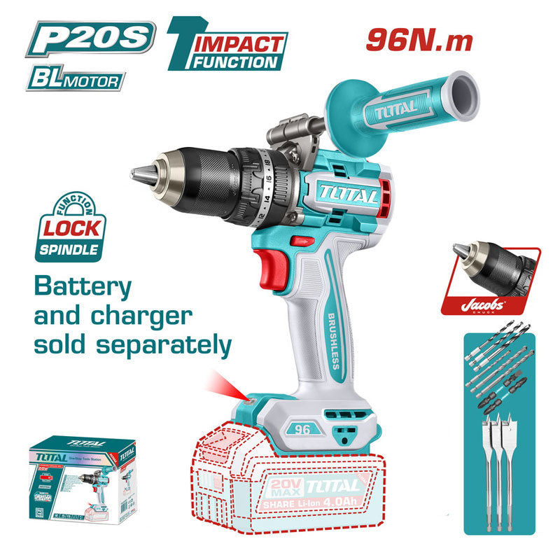 Total TIDLI209685 | Brushless Cordless Impact Drill - 20V 96Nm Bare Tool