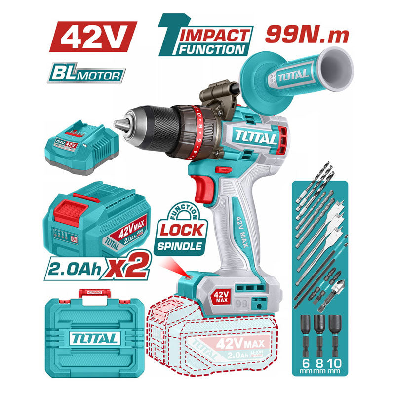 Total TIDLI429982 | Brushless Cordless Impact Drill - 99Nm with Batteries & Charger