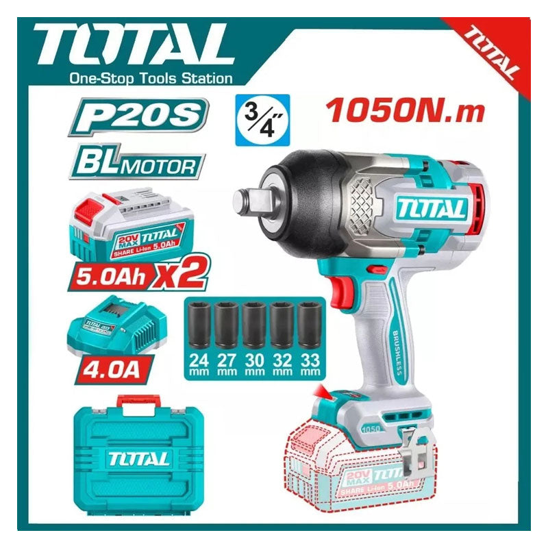 Total TIWLI20105 | Cordless Impact Wrench - 20V 1050Nm with Batteries & Charger