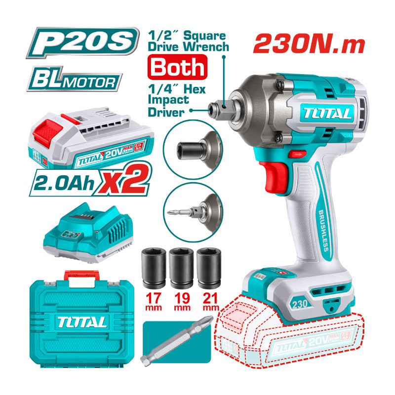 Total TIWLI20236 | Cordless Impact Driver & Wrench - 20V 230Nm with Batteries & Charger