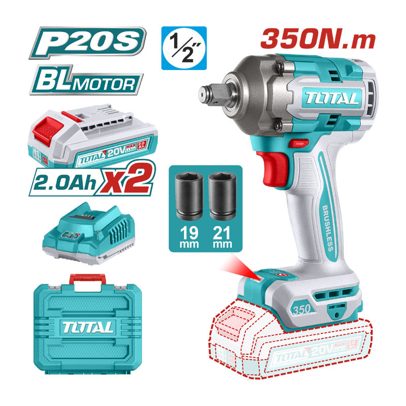 Total TIWLI2035 | Cordless Impact Wrench - 20V 350Nm with Batteries & Charger