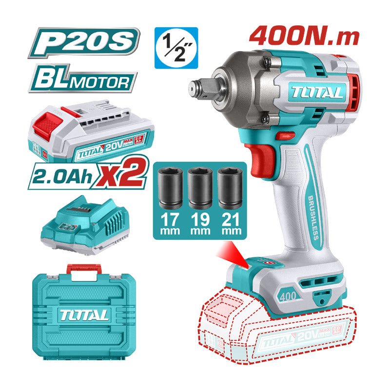 Total TIWLI2040 | Cordless Impact Wrench - 20V 400Nm with Batteries & Charger