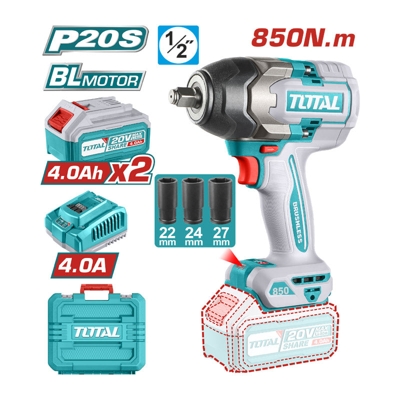 Total TIWLI2085 | Cordless Impact Wrench - 20V 850Nm with Batteries & Charger