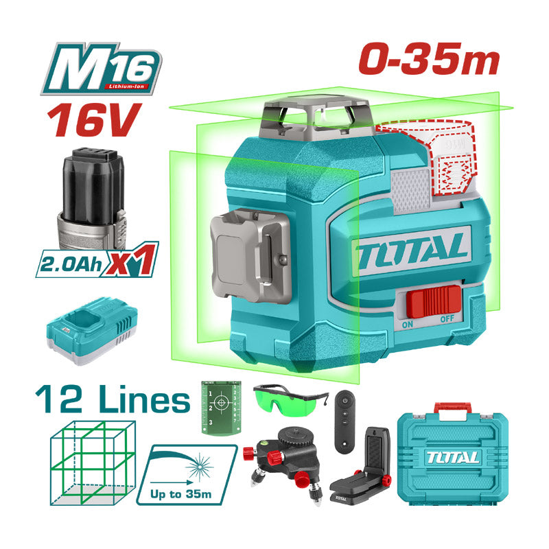 Total TLL301201 | Cordless 3D Laser Level - 35m Green Beam with Battery & Charger