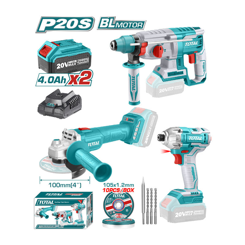 Total TOSLI2301510 | Cordless 3 Pcs Combo Kit - 20V with Batteries & Charger