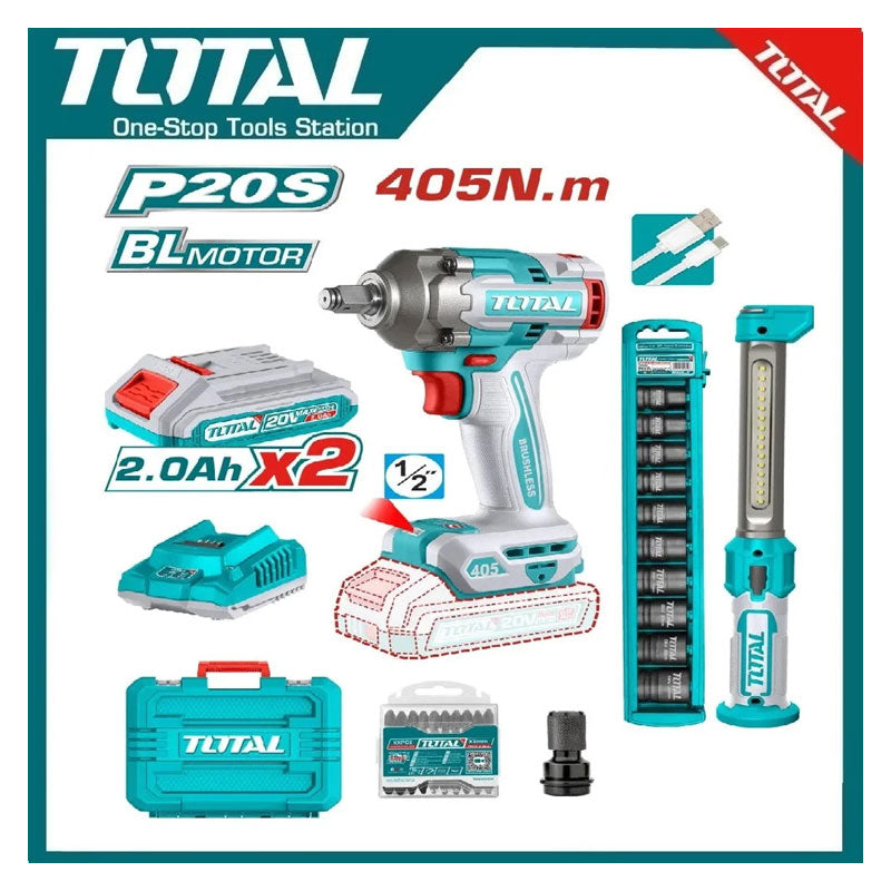 Total TOSLI23056 | Cordless 2 Pcs Combo Kit - 20V Impact Wrench & Work Lamp with Batteries & Charger