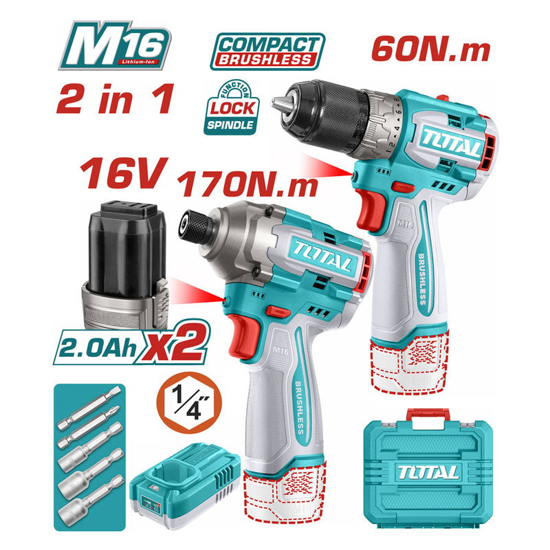Total TOSLI240968 | 16V Cordless 2 Pcs Combo Kit - Drill & Impact Driver with Batteries & Charger