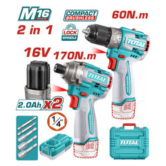 Total TOSLI240968 | 16V Cordless 2 Pcs Combo Kit - Drill & Impact Driver with Batteries & Charger