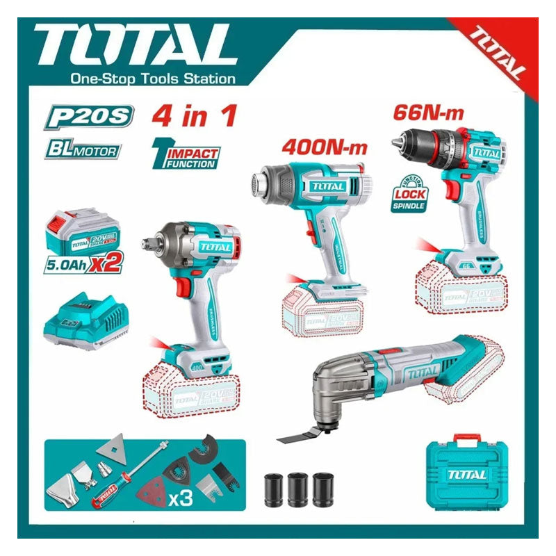 Total TOSLI240969 | Cordless 4 Pcs Combo Kit - 20V with Batteries & Charger