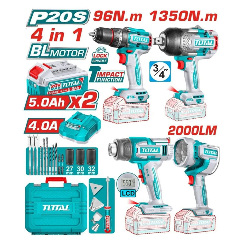 Total TOSLI250608 | Cordless 4 Pcs Combo Kit - 20V with Batteries & Charger